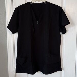 Black Scrub Top V-Neck Zip Up Short Sleeve Medical Uniform Size M